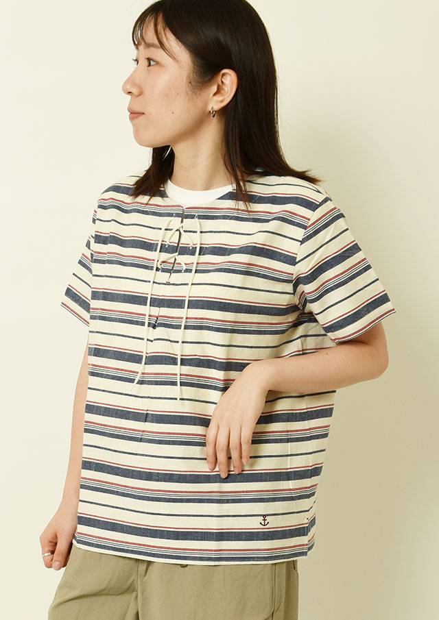 期間限定10%OFF!【2025春夏】【ポートランド】マルチボーダーレースアップブラウス半袖【PL055406】【S12】
