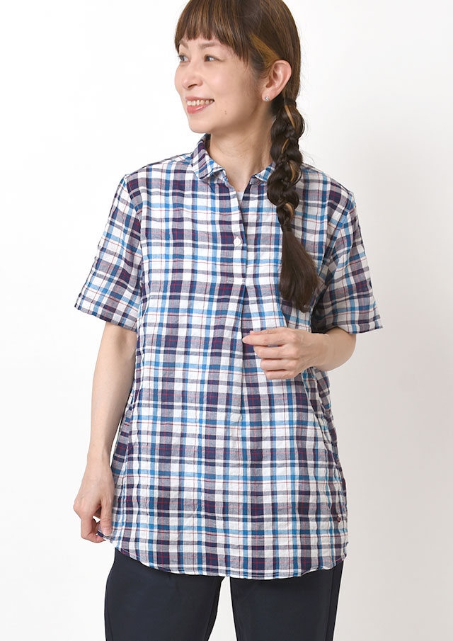 【2026春夏】【ポートランド】シャーリングチェックショールカラープルオーバーブラウス【PL056401】【S12】