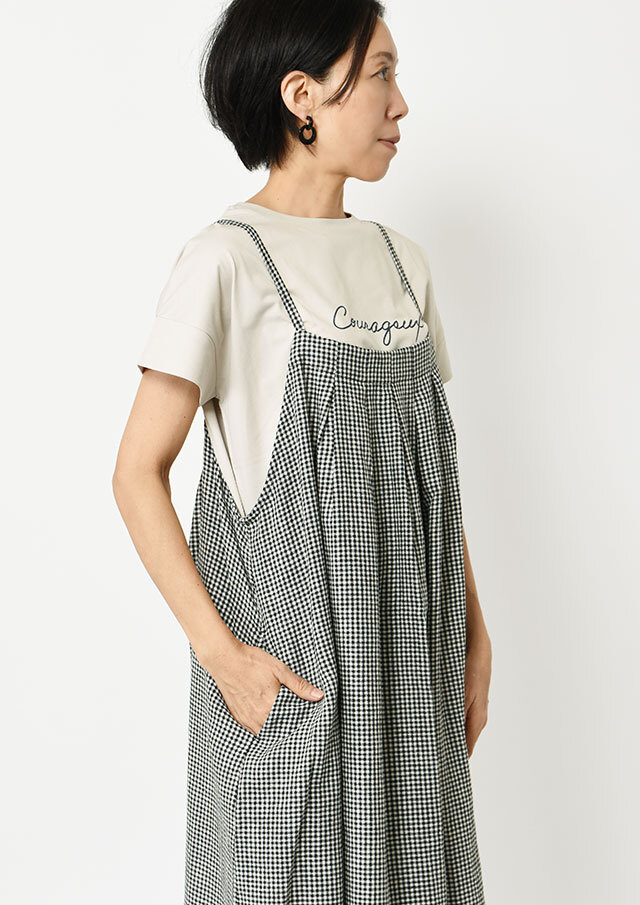 ウミガメ　半袖　ワンピース　Ｍ〜3L　ベネトン　カーキ　新品 2025春夏】【ブルーライフ】ギンガムキャミワンピース【B