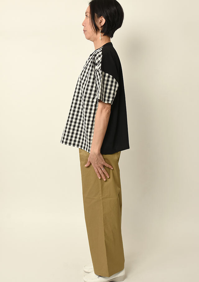 期間限定10%OFF!【2025春夏】【ブルーライフ】ギンガムドッキングカットソー四分袖【B-UO51301A】【S12】