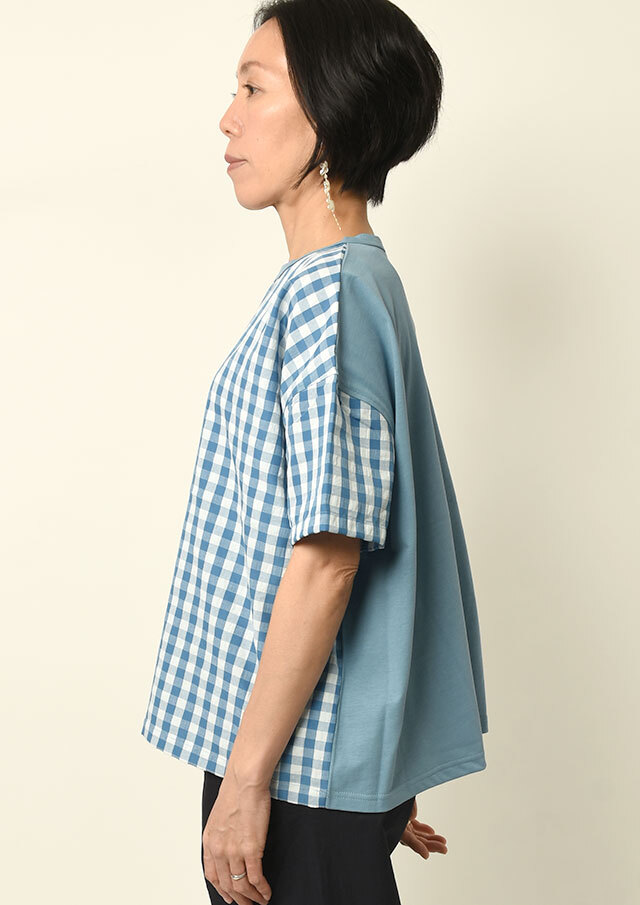 期間限定10%OFF!【2025春夏】【ブルーライフ】ギンガムドッキングカットソー四分袖【B-UO51301A】【S12】