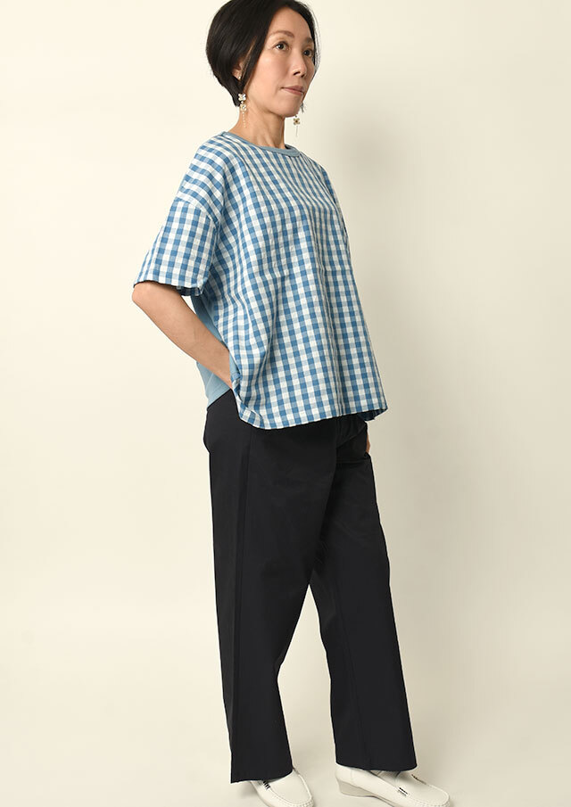 期間限定10%OFF!【2025春夏】【ブルーライフ】ギンガムドッキングカットソー四分袖【B-UO51301A】【S12】
