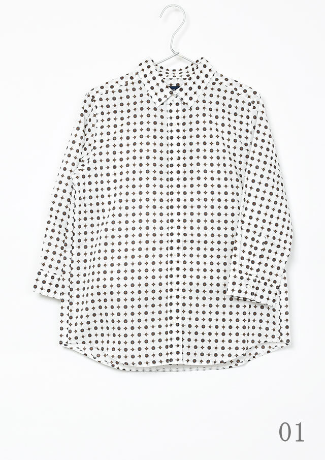 2025秋冬】【ブルーライフ】小紋柄プリント前開きブラウス八分袖