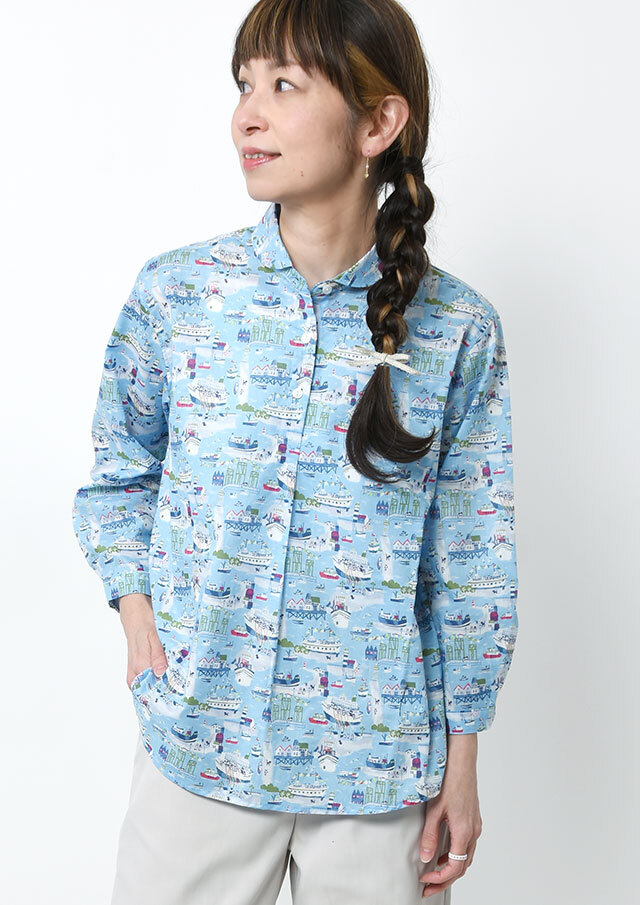 【2026春夏】【ブルーライフ】プリントショールカラープルオーバーブラウス八分袖【BL056013】【S11】