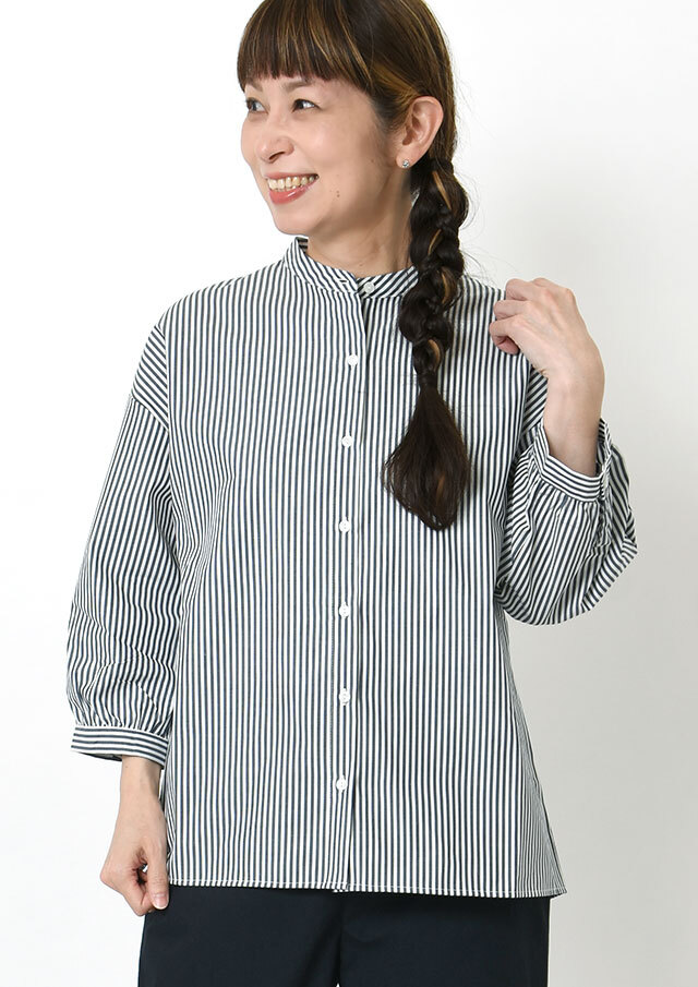 【2026春夏】【ブルーライフ】ストライプ_チェックバンドカラー七分袖ブラウス【BL056019】【S11】