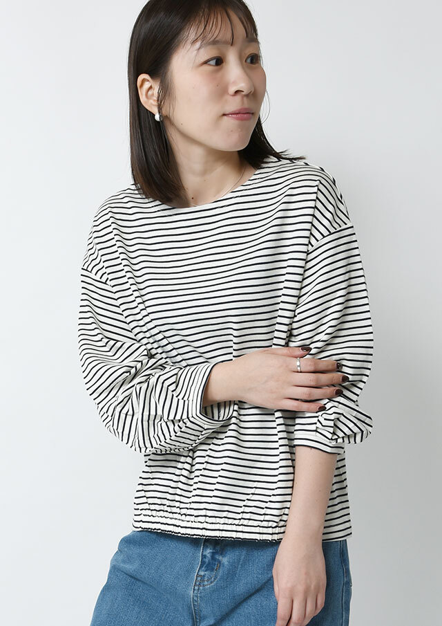 CutsewFair_PointUP!【2025秋冬】【ブルーライフ】ボーダー前裾ギャザーカットソー【BL075504】【S21】