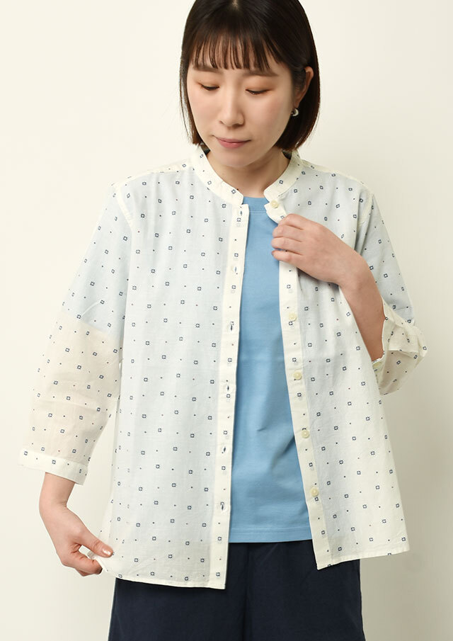 2024春夏】小紋柄マオカラーブラウス七分袖【PL054314】【ポートランド  