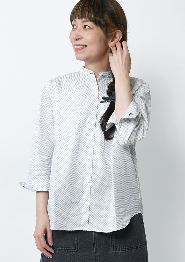 【2026春夏】【ポートランド】小紋プリントピンタックスタンドカラーブラウス八分袖【PL056203】【S11】