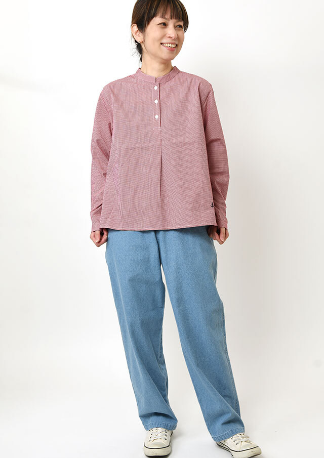 2026春夏】【ポートランド】マオカラーギンガムプルオーバーブラウス