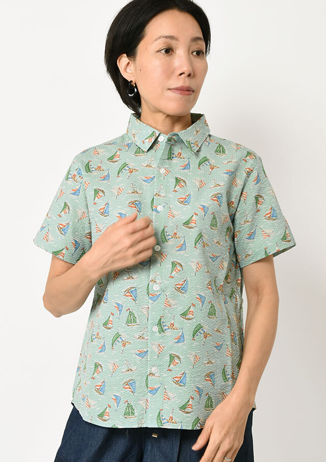 期間限定10%OFF!【2025春夏】【ポートランド】ヨット柄リップルシャツ半袖【PL125407】【S12】