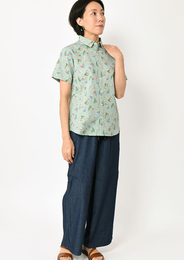 PLEATS PLEASE カラフル☆襟付き半袖シャツ 胸ポケット付 2025春夏】【ポートランド】ヨット柄リップルシャツ半袖【PL125407