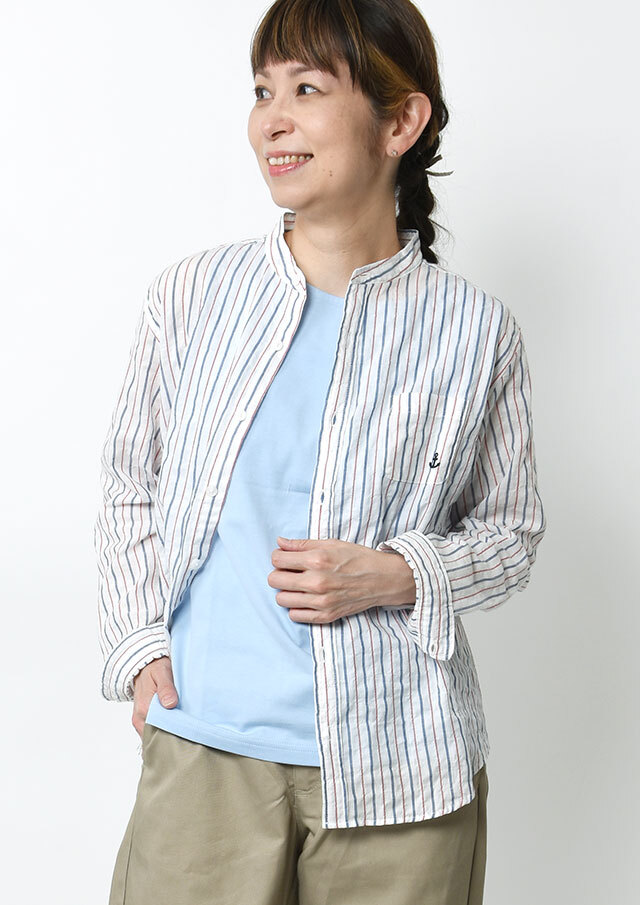 【2026春夏】【ポートランド】シャーリングストライプスタンドカラーシャツ長袖【PL126302】【S11】