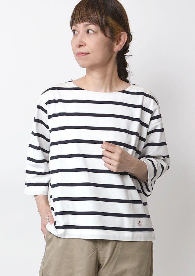 【2026春夏】【ポートランド】ボーダー肩ボタンカットソー六分袖【PL156202】【S12】