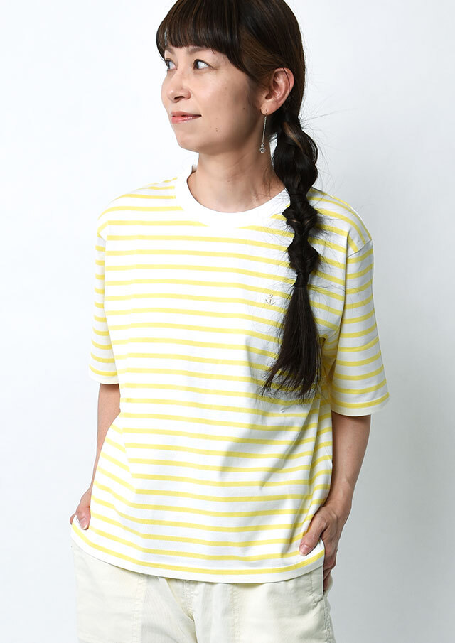 黄色ボーダーにドット 2026春夏】【ポートランド】ボーダークルーネックTシャツ五分袖