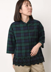 サラランチ SARA LANZI *リネン総柄シャツ*半袖ブラウス麻ネイビー胸ポケットバンドカラー薄手サラランツィ(4-2408-224)【92I42】 SARA LANZI サラランチ *リネン総柄シャツ*半袖ブラウス麻