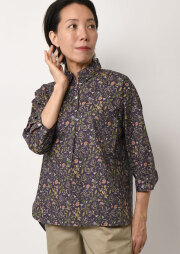 サラランチ SARA LANZI *リネン総柄シャツ*半袖ブラウス麻ネイビー胸ポケットバンドカラー薄手サラランツィ(4-2408-224)【92I42】 シャツ・ブラウス