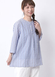 C539/美品 120%LINO ブラウス 黒染め 7分袖 キーネック 44 KOBE LETTUCE（神戸レタス） スフレニット レディース 長袖 40代 50代