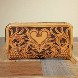 ハンドメイド　革製品　刻印　カービング　長財布　茶系飴色 ハンドメイド 革製品 刻印 カービング 長財布 茶系飴色｜アート用品