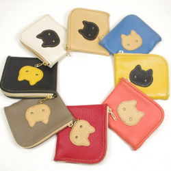 猫：L字ファスナー可愛いミニ財布：ネコ：革小物