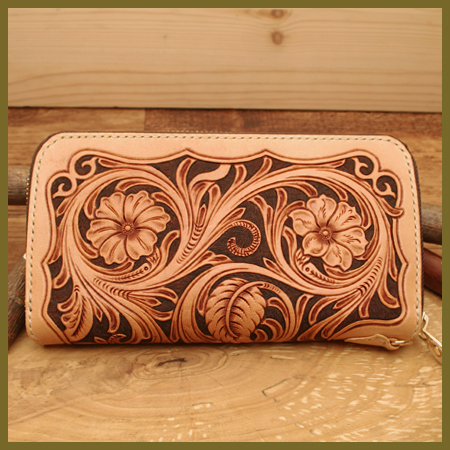 レザーカービングの長財布：ラウンドファスナー：カービングウォレット 