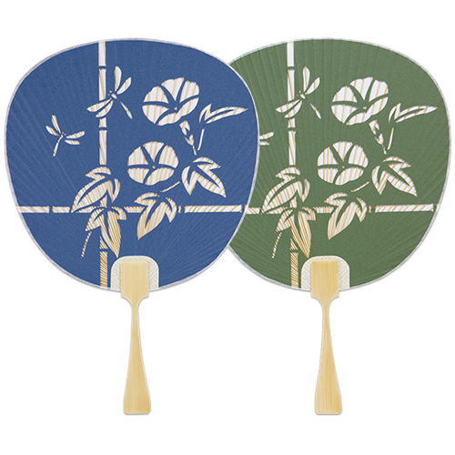 クレープ彫 朝顔 トンボ 紺 緑 15本セット F132 3 竹柄 彫都うちわ 片面すかし 切り絵 団扇