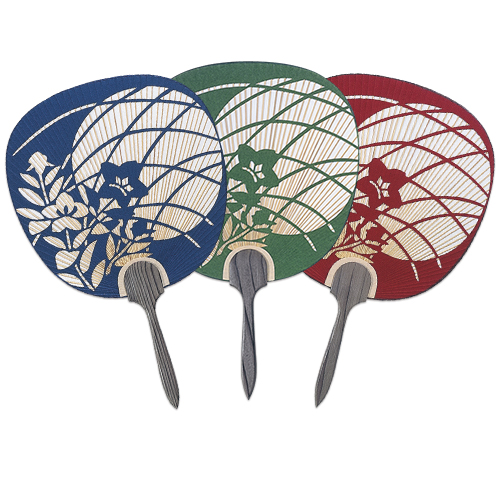 手漉き和紙 総彫 月に桔梗 紺 緑 赤 10本セット F2 284 杉柄 都うちわ 片面すかし 団扇 手漉き和紙 総彫 月に桔梗 紺 緑 赤 10本セット F2 284 杉柄 都うちわ 片面すかし 団扇