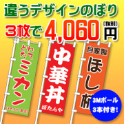 オリジナルのぼり 3枚セット ポール付 | 60×180cm 特価のぼり ☆購入金額問わず、長尺(大型)送料かかります☆