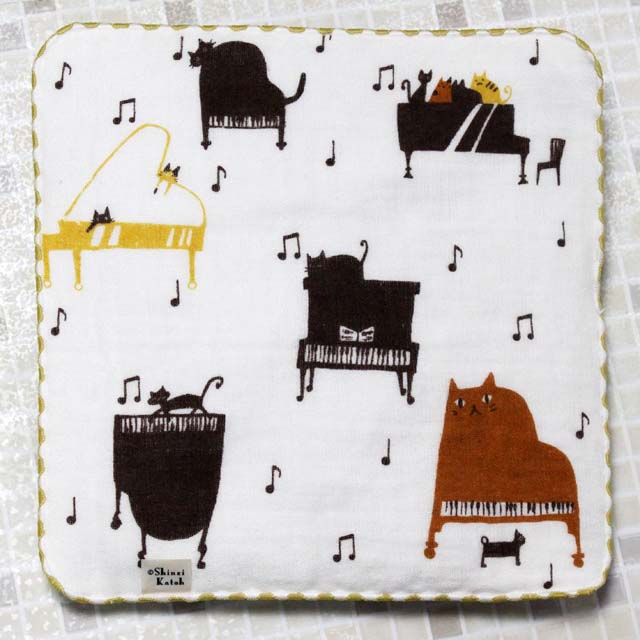 猫 ネコ ピアノ ShinziKatoh タオルハンカチ 音楽雑貨 音楽小物