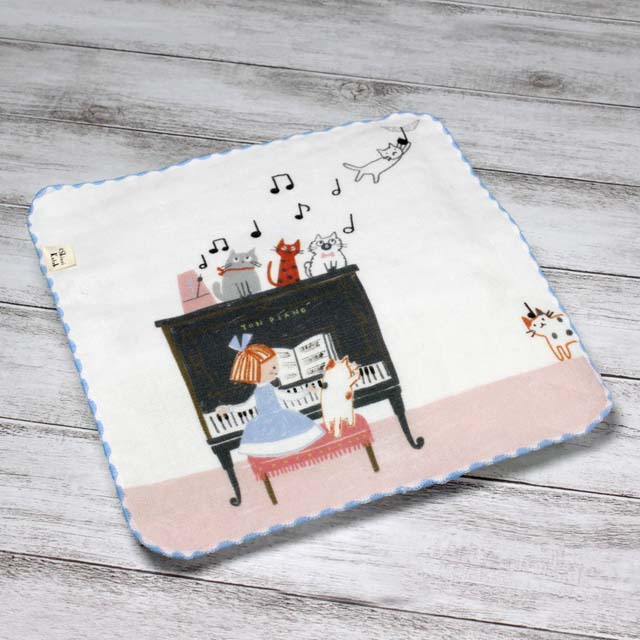 ShinziKatoh タオルハンカチ TON PIANO 猫と女の子 音楽雑貨 音楽グッズ