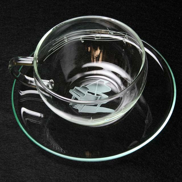クリスタル 耐熱 グラスカップ ソーサー グランドピアノ 音符 楽譜 音楽雑貨 音楽グッズ 音楽ギフト
