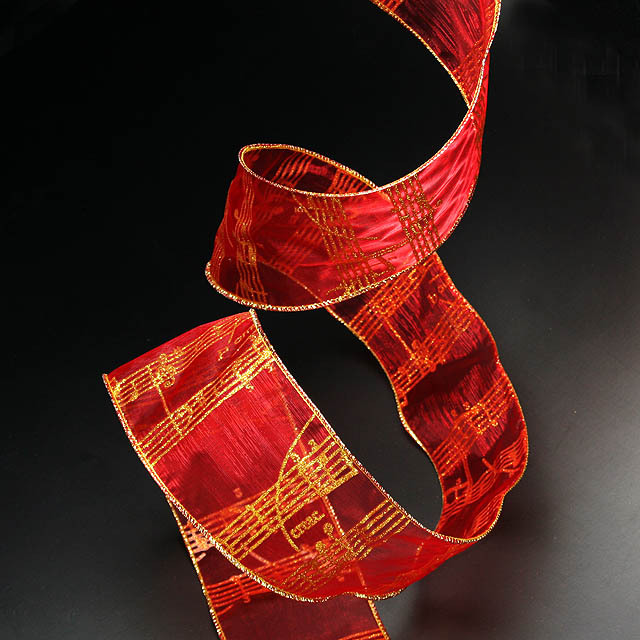 76mm幅 wired Ribbon 【シースルー楽譜 レッド】 リボン量り売り