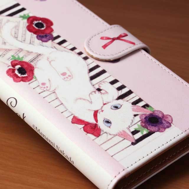 手帳型スマホケース ピアノ鍵盤 リボンキャット 音楽グッズ 音楽雑貨
