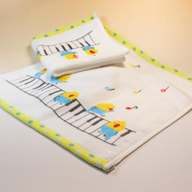 音楽雑貨 ゲストタオル ShinziKatoh パイル シャーリング加工 小鳥 合唱 鍵盤 音符