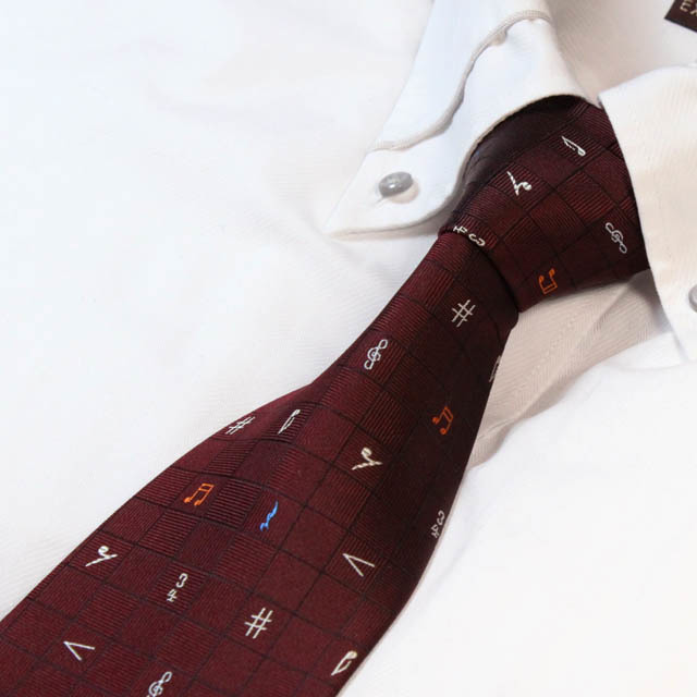 西陣織ネクタイ 《音楽記号 in スクエア》 レッドブラウン □ ○ 音楽