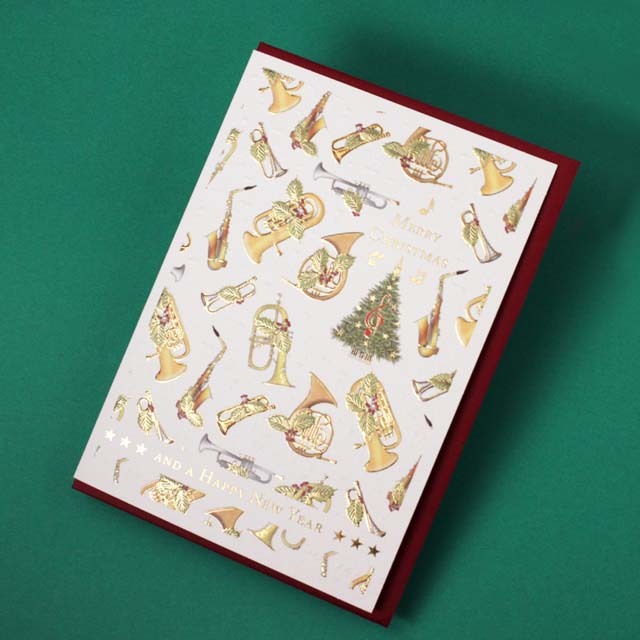 クリスマスカード ツリー トランペット ホルン アルトサックス フリューゲルフォン 音楽雑貨