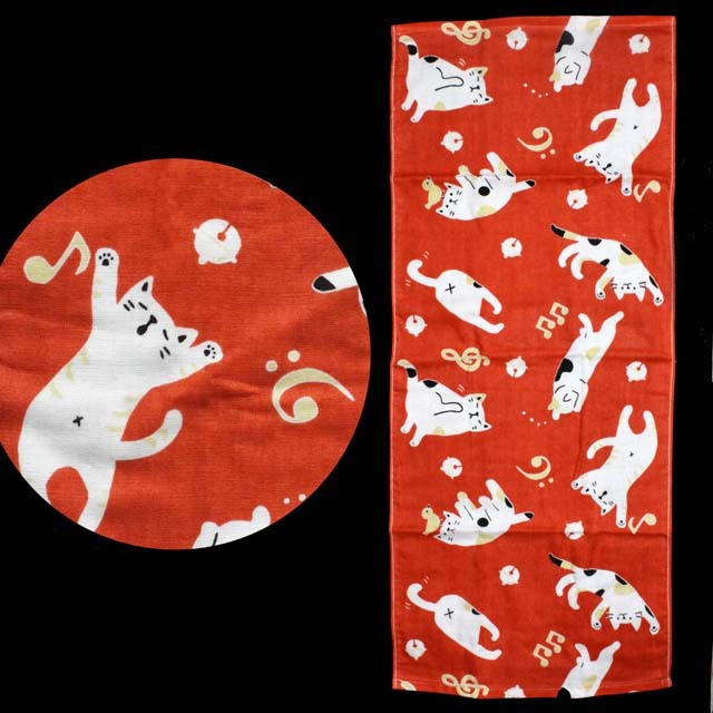 てぬぐいタオル ゆるねこ音符 朱色 310989 ○ 音楽雑貨・アクセサリー