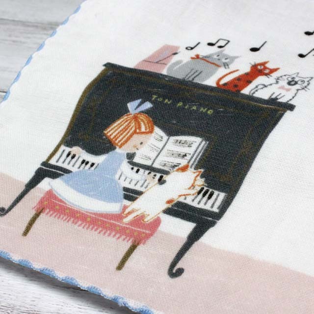 ShinziKatoh タオルハンカチ TON PIANO 猫と女の子 音楽雑貨 音楽グッズ