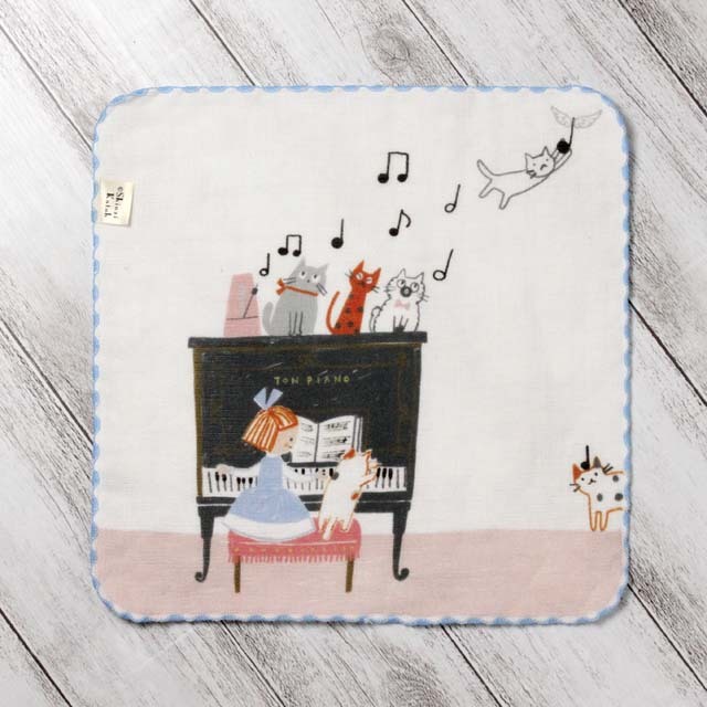 ShinziKatoh タオルハンカチ TON PIANO 猫と女の子 音楽雑貨 音楽グッズ