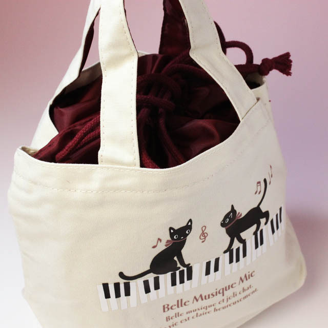 巾着ミニトート 猫と鍵盤 マチつき巾着ミニトート 226372 音楽雑貨
