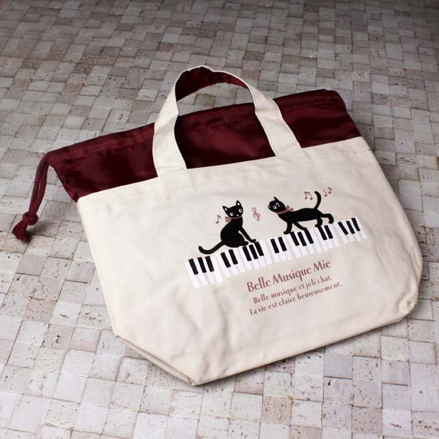 猫と鍵盤 マチつき巾着ミニトート 226372 音楽雑貨・アクセサリー専門