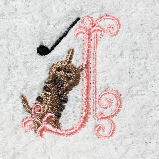 刺繍　タオルハンカチ　H ShinziKatoh タオルハンカチ 《 音符と猫とイニシャル【J