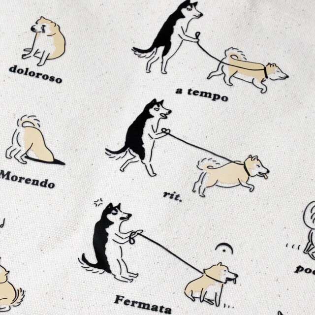 厚手コットンキャンバス・トート マチ付 《 柴＆ハスキー 音楽用語図説