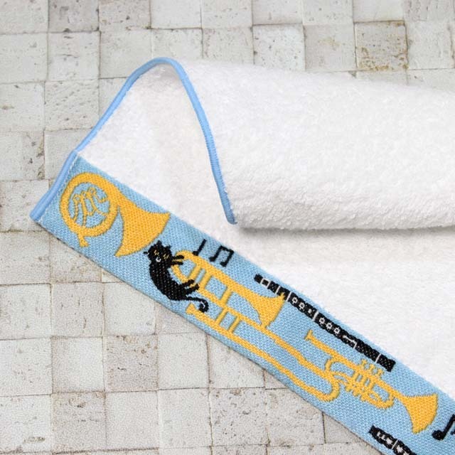 たたんでかわいい ヘム・ムジカ タオルハンカチ 《 管楽器とねこ