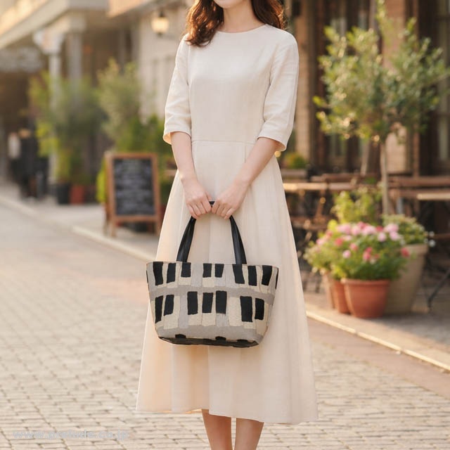 尾州織 ピアノ 鍵盤 トラペーズバッグ グレージュ 音楽ギフト 音楽グッズ 音楽雑貨