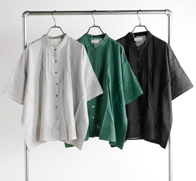 SOIL ソイル INSL26341 カットワーク レースバンドカラー ピンタックシャツ 80s VOILE PLAIN WITH CUT WORK LACE BANDED COLLAR PINTUCK SHIRTS