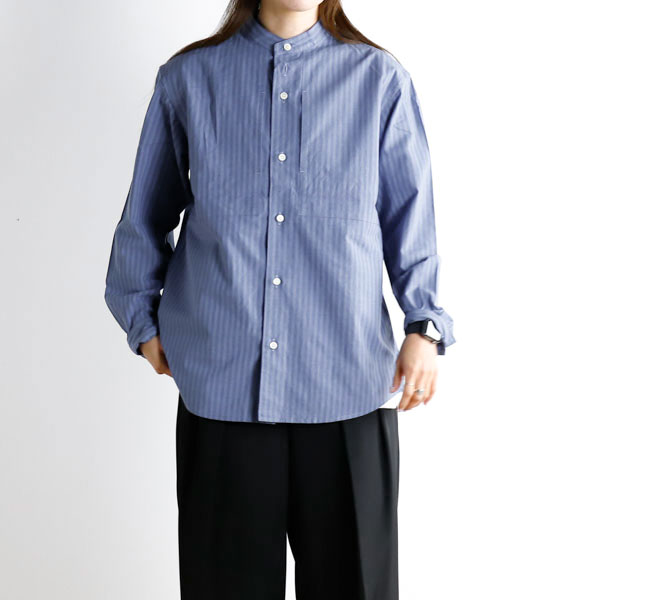 nisica ニシカ NIS-1365 バンドカラーシャツ ストライプパープル 長袖