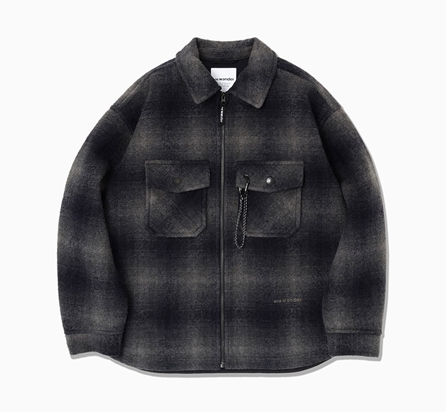 and wander アンドワンダー 5746281048 ウール シャギー チェック ジップ ジャケット wool shaggy check zip jacket