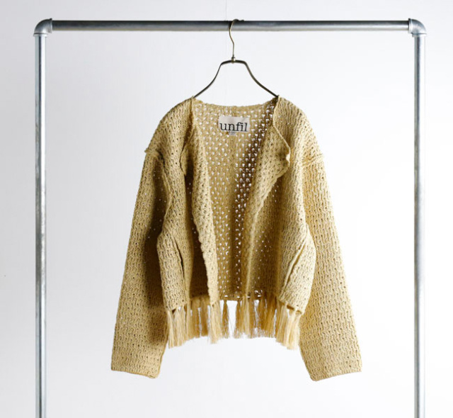 アンフィル カーディガン リネン100% オレンジ イエロー ４サイズ XL相当 unfil アンフィル double honeycomb mesh fringed cardigan