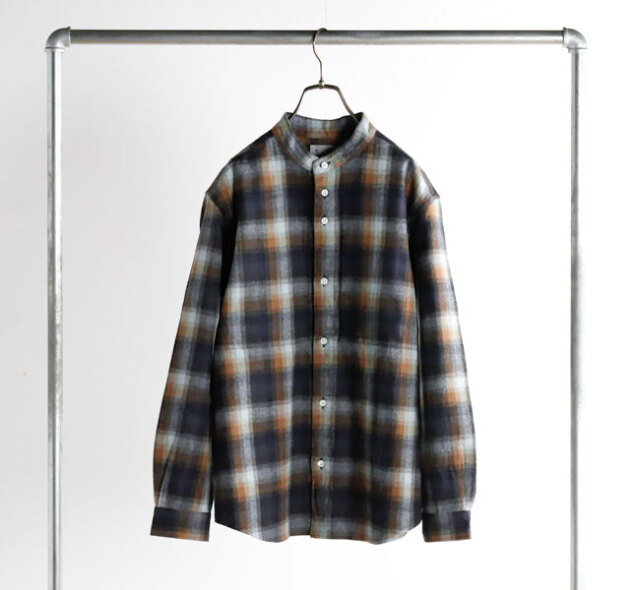 nisica ニシカ NIS-1365 バンドカラーシャツ チェックブルーブラウン 長袖