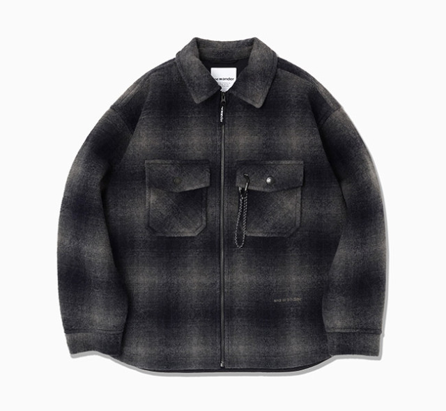 and wander アンドワンダー 5746281048 ウール シャギー チェック ジップ ジャケット wool shaggy check zip jacket